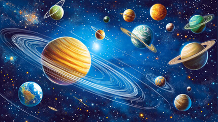 Colorful Planets and Stars in Space   Celestial Art Illustration