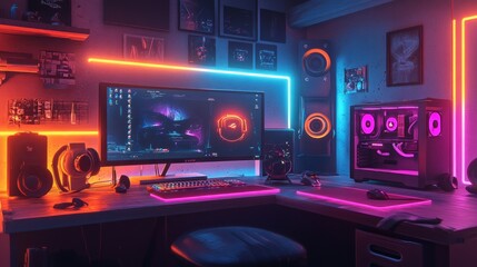 Obraz premium A modern gaming setup with a computer, keyboard, mouse, headset, and speakers, all illuminated with colorful neon lights.