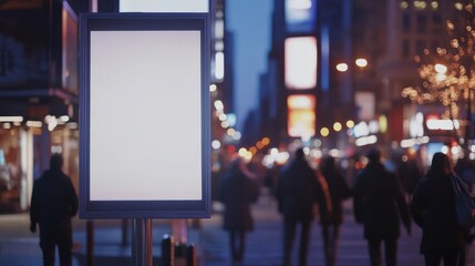 Obraz premium Blank advertisement board amidst a bustling city street during twilight hours