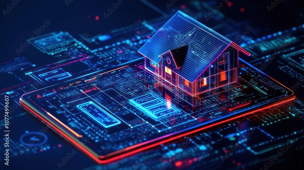Poster a digital rendering of a house on a circuit board, representing the concept of smart homes and techn
