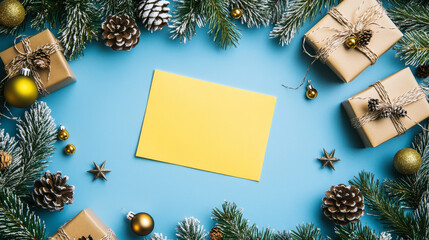 A blue background is decorated with a yellow sheet of paper, pine branches, brown gift boxes, and wooden Christmas ornaments. It's a festive scene for the New Year.