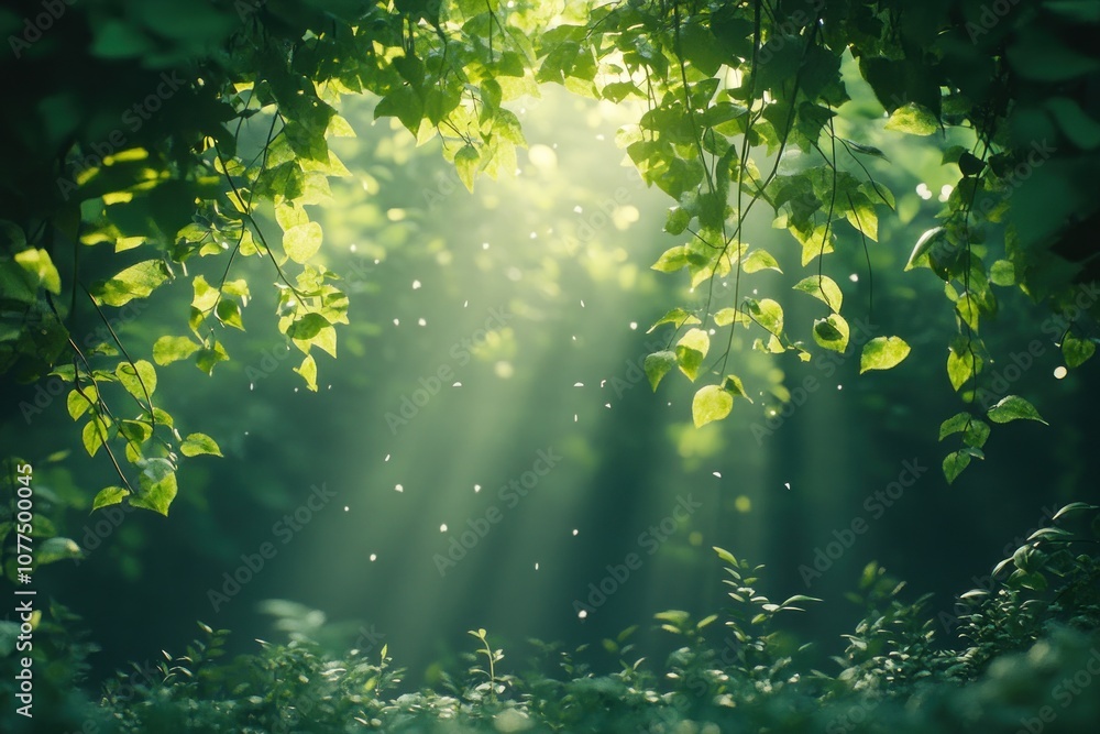 Poster sunlight streams through a canopy of lush green leaves in a forest, creating a magical atmosphere.