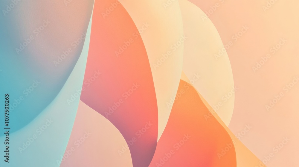 Poster swirling soft shapes in pastel colors blend seamlessly, evoking tranquility and modern elegance in a