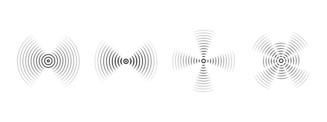Set of black rings with sound waves, interrupted lines and dots. Sonar rings with radial lines. Radar icon, target, epicenter. Vector concentric vortex circles.