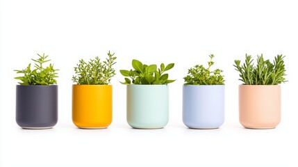 Isolated Collection of Potted Herbs and Green Plants on White Background Featuring a Range of Colorful Pots and Lush Foliage for Nature and Home Decor Inspiration