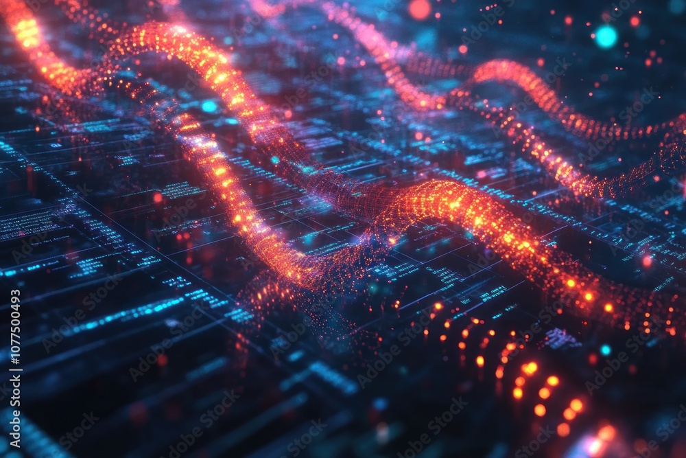 Poster abstract digital data flowing through a circuit board.