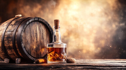 A bottle of Scotch whiskey, a glass, and an old wooden barrel. There's room for text.