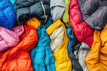 Colorful pile of various down jackets, fashion texture