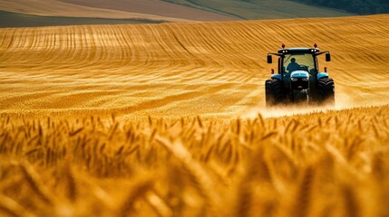 Obraz premium Tractor Driving Through a Field of Golden Wheat