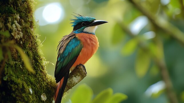 Beautiful Rufous-tailed Jacamar perched on tree with green background.
