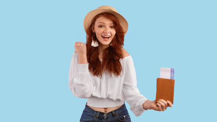 Joy Of Travel. Happy Girl Holding Tickets And Passport Gesturing Yes Standing Over Pink Background. Studio Shot, Panorama