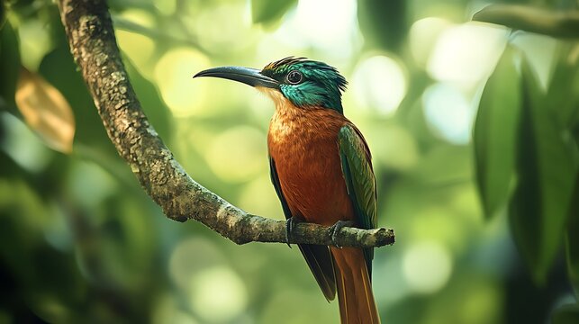 Rufous-tailed Jacamar on a branch amidst vibrant nature landscape.