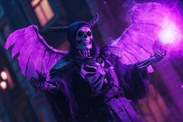 Skeleton wizard, demon with wings, glowing purple spell