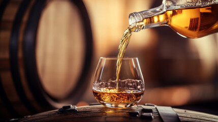 A bottle of whiskey is being poured into a glass, with a wooden barrel in the background. There is room for text.