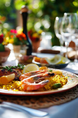 A beautifully plated paella from Spain, featuring vibrant saffron rice, fresh seafood like shrimp and colorful vegetables
