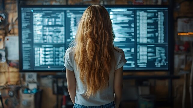 Woman Looking at Code on a Large Monitor