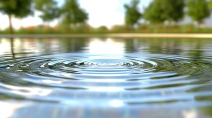 Water ripples spreading out from a drop on a pond, with a blurred background of trees and green grass.