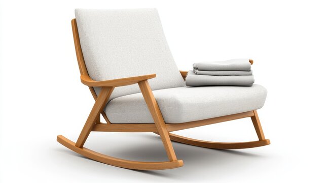 Isolated White Rocking Chair on White Background with Soft Blankets Arranged Neatly on Its Armrest for Minimalistic Interior Design Ideas and Relaxation Spaces