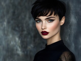 A woman with a short haircut and lipstick wearing black