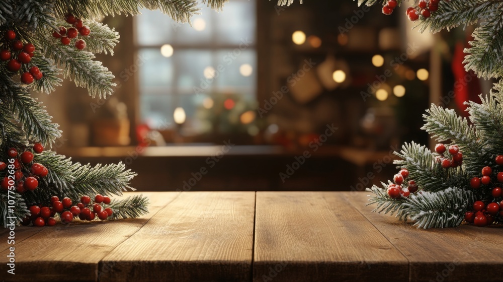 Aufkleber Pine branches adorned with bright red berries frame a rustic wooden table in a cozy space filled with soft holiday lights. A warm ambiance invites joy and celebration during the festive season.