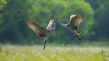 Obraz premium Sandhill cranes engage in mid-air battle over open field landscape.