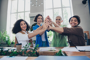 Photo of four diverse women businessladies feminists give high five community comfortable modern office room interior indoors workspace
