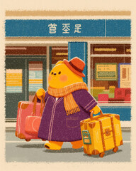 cute bear on vacation, struggling with luggage at the train station