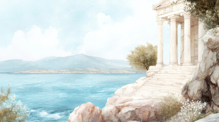Serene ancient greek temple by the sea under a clear sky