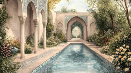 Obraz premium Tranquil courtyard with reflective pool and ornate archways