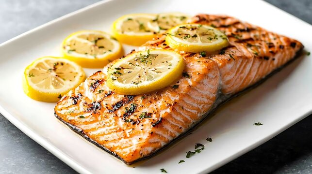 Perfectly grilled salmon fillet with lemon slices on a white plate emphasizing seafood recipes dinner ideas and healthy eating