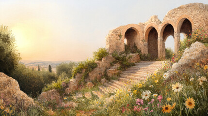 Fototapeta premium Ancient ruins at sunset: serene landscape with arches and wildflowers
