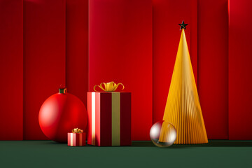 Christmas decorations with gifts and tree on red background