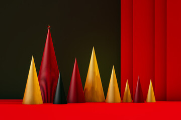 Festive trees on a red and gold Christmas backdrop