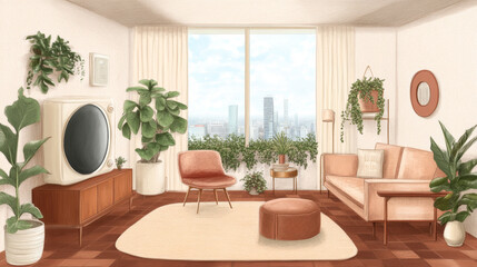 Fototapeta premium Cozy retro living room with city view and abundant greenery