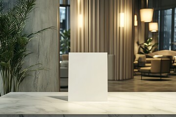 A blank canvas on a marble table in a modern, stylish interior setting.