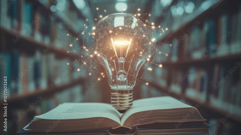 Poster lightbulb idea above open book in library setting