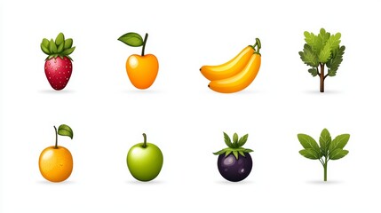 Colorful Collection of Isolated Fruits and Vegetables on White Background Suitable for Icons and Illustrations in Various Designs