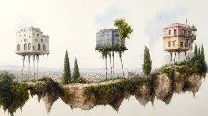 Obraz premium Futuristic homes on elevated platforms overlooking a vast cityscape