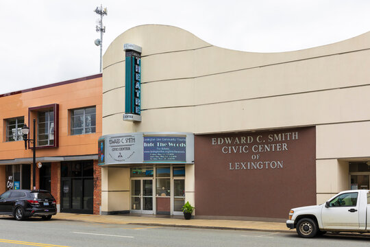 LEXINGTON, NC, USA-8 MAY 2022: The Edward C. Mith Civic Center of Lexington.  Building formerly the Carolina State theater.  Shows front facade, marquee sign.