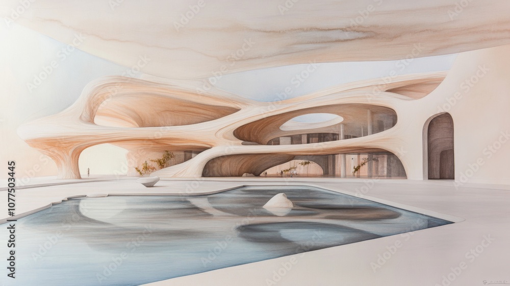 Poster modern organic architecture with curved structures and pool