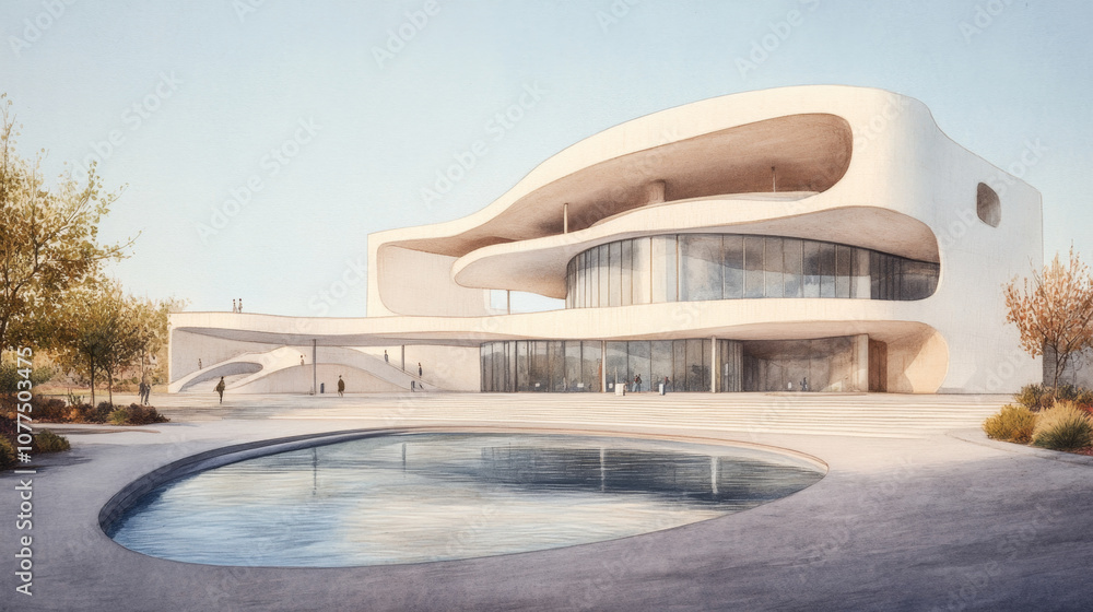 Poster modern curved architecture with pool and minimalistic design in a serene landscape