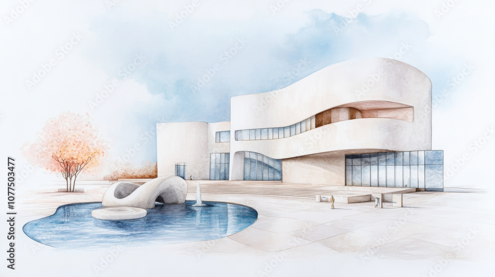 Aufkleber modern minimalist architecture with curved design and pool in watercolor style