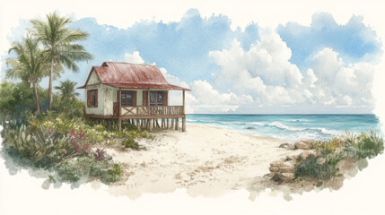 Fototapeta premium Coastal cottage serenity: idyllic beachfront scene with rustic cabin and scenic ocean views