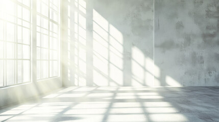 A bright room with big windows, letting in sunlight. Another room looks messy, with light and shadows dancing on the floor.  A plain concrete wall is in the background.