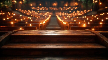 Wooden steps leading to a stage illuminated by soft warm lights.