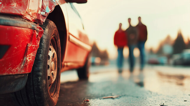 Red damaged car parked on the roadside after a road accident with people leaving the scene