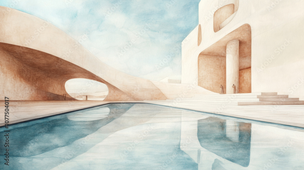 Poster Futuristic architectural design with reflective pool and curved structures
