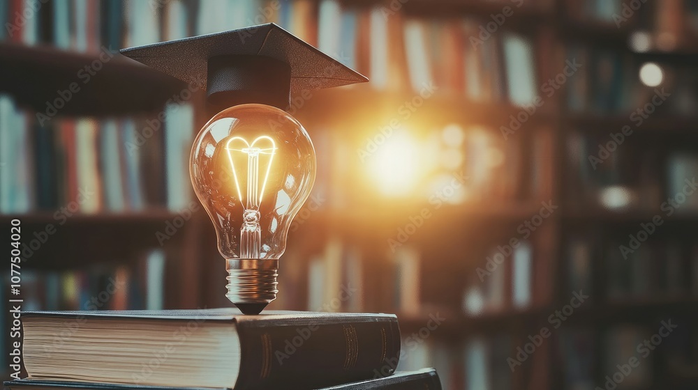 Poster light bulb with graduation cap in library setting