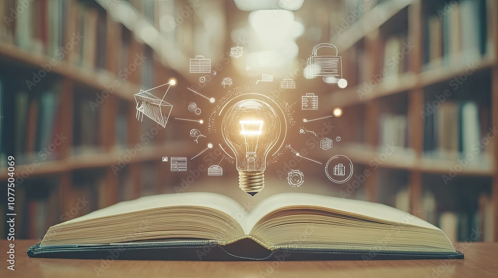 Poster illumination of ideas from open book in library setting