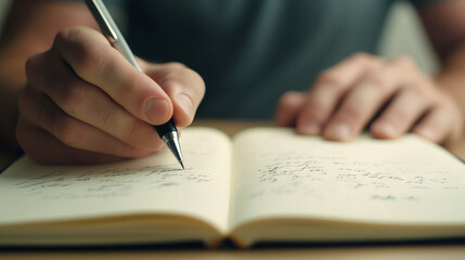 Focused and creative: close-up of a man writing notes in a notebook with a mechanical pencil in a comfortable workspace
